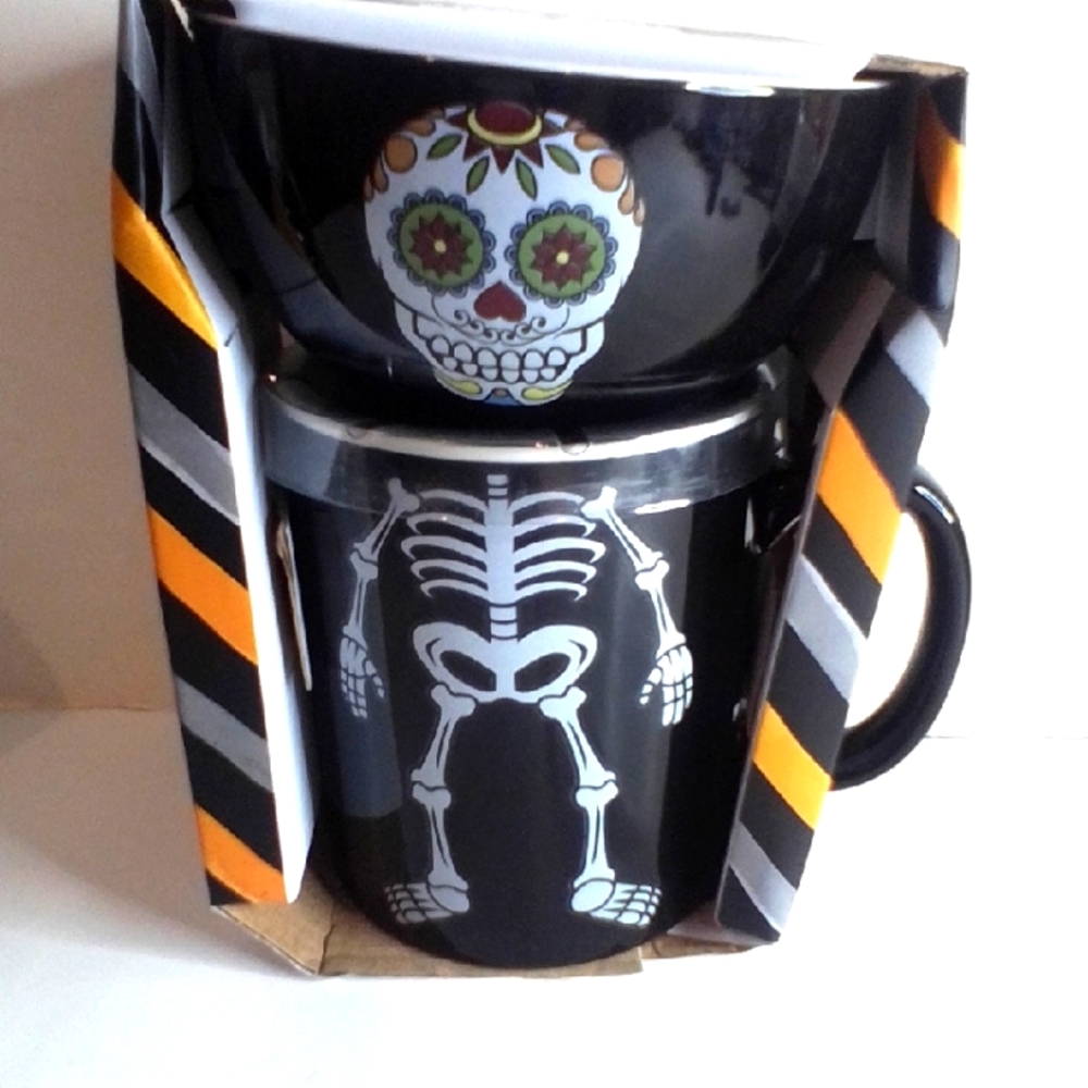 Black Skeleton Ceramic Mug and Bowl Set NIB